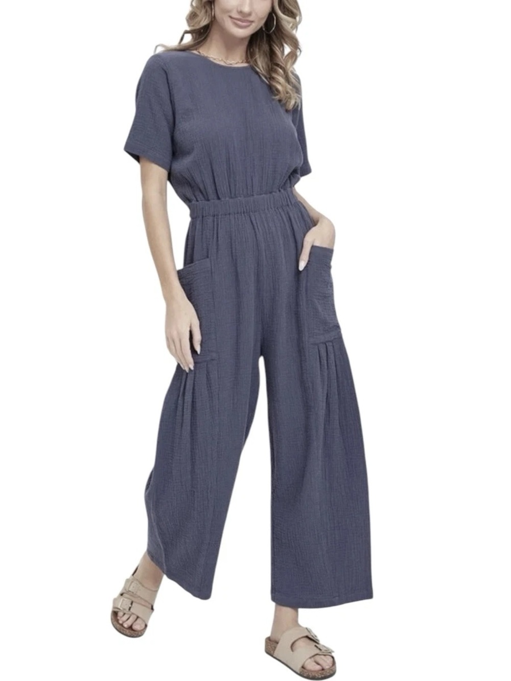 Relaxed Short-Sleeve Wide-Leg Jumpsuit in Slate Gray, Linen Blend, Size Small